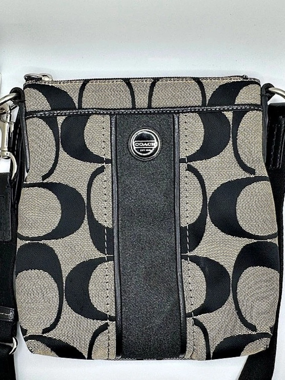 Coach Signature Stripe Swingpack Crossbody Black & Beige